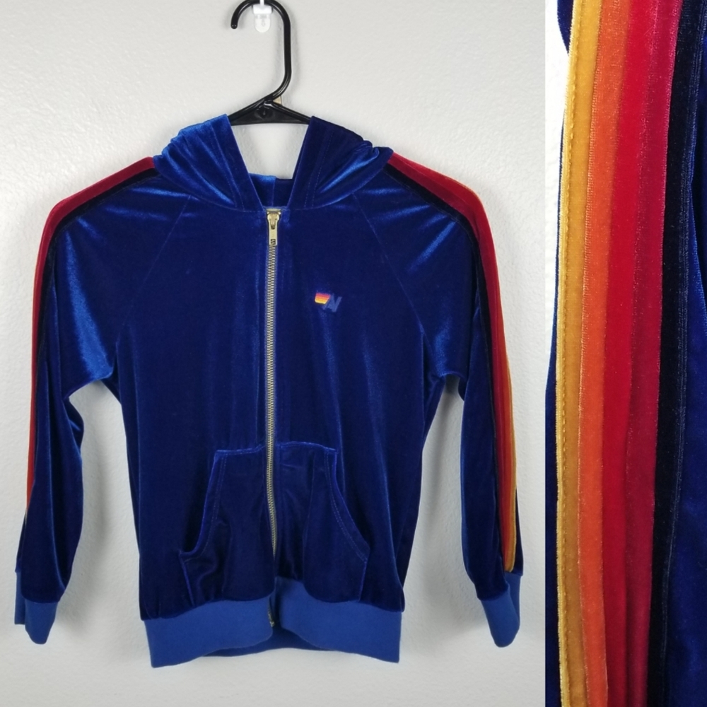 Aviator Nation Kids Classic Velour Blue Zip Up Hoodie Sweatshirt Size 10